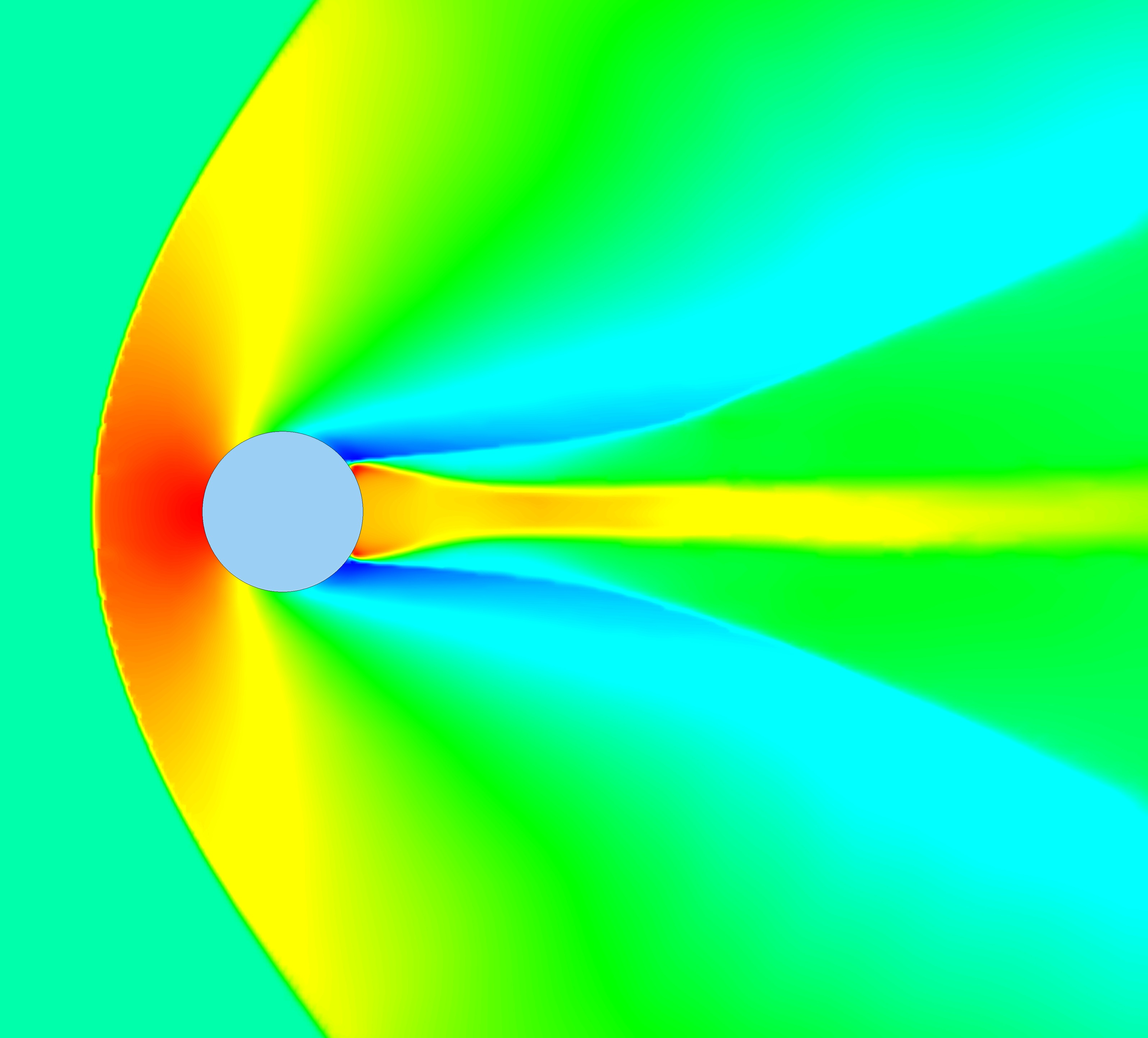 Stock image: high mach number flow over cylinder showing different colours for temperature 